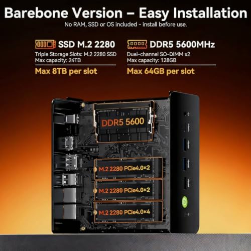 Image of GMKtec K12 Gaming Mini PC Barebone with Ryzen 7 H 255 (Upgraded 8745HS,up to 4.9GHz), 3X M.2 2280 Storage Expansion, Oculink Port, Dual NIC 2.5G, Quad Display HDMI 2.1,DP1.4, USB4, No RAM /SSD /OS