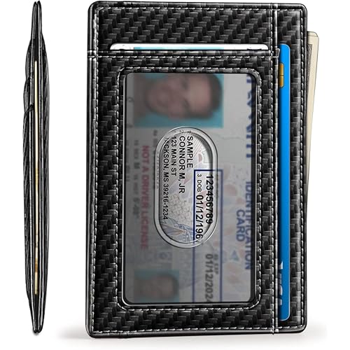 Image of Contacts Genuine Leather Slim Wallet | RFID Blocking Skinny Minimal Thin Front Pocket Wallet Sleeve Card Holder for Men | Up to 7 Card Slots Including 1 ID Window (Carbon Black)