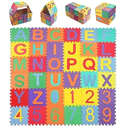 Kinder Puzzlematte, 36 Stck 15 x15cm Kinderspielteppich mit Buchstaben von A bis Z & Zahlen von 0 bis 9 Puzzlematte Buchstaben Cover