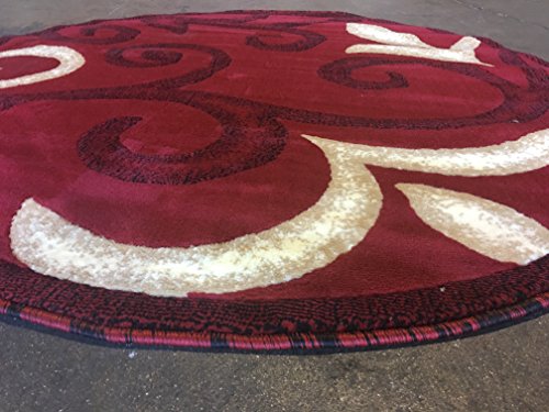 Emirates Modern Round Floral Contemporary Area Rug Red Black Beige Swirl Design 525 (5 Feet 3 Inch X 5 Feet 3 Inch) #TOP2