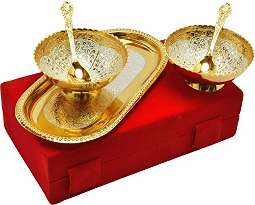 Image of Bowl Spoon Tray Set Silver Plated Dessert Dry Fruits Serving Diwali Christmas Eid Wedding Return Gifts Friends Family Housewarming Home Decoration Corporate (Minar)