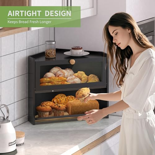 JANSNIMEN Black Corner Bread Box for Kitchen Countertop, Large Bread Container Storage Bamboo Wooden Farmhouse Bread Box with Window Bread Holder - Image 4
