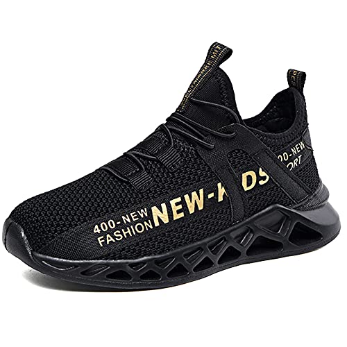 King Glory Baskets Garcon Chaussures de Course Légères Fonctionnement Enfants Mode Respirant Garcon Or Noir,27 EU Cover
