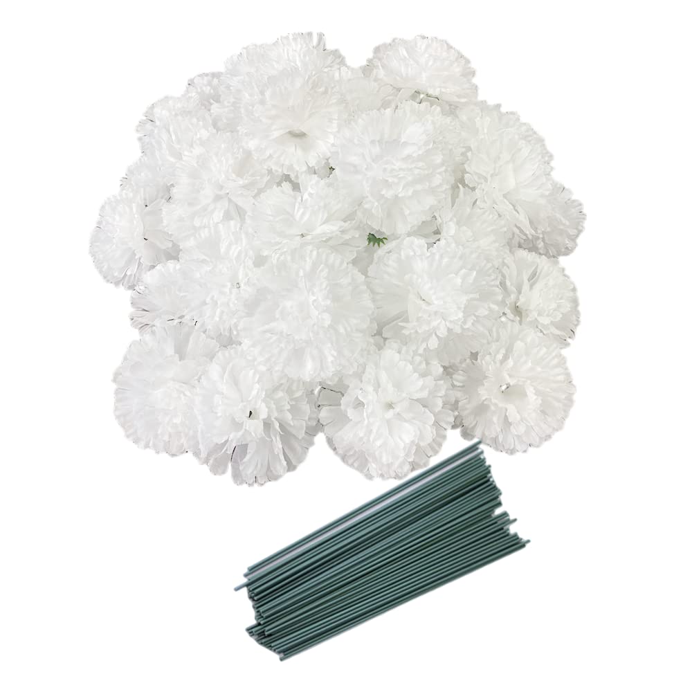 Rikyo 50 Artificial Silk Carnation Flower Head with Stems Set,Vase Fillers for Home Decor Bridal Wedding Party Birthday Cake Ornaments,Wrist Corsage, 3" Petals Heads&8" Stems (Pure White)