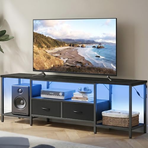 Image of SONGMICS BELLAH Collection - TV Stand with Power Outlets and Lights, Entertainment Center Media Console for TVs Up to 80 Inches, Living Room, Shelves, Drawers, Modern, Ink Black ULGS421B101S