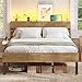 VASAGLE Cadre de Lit 140 x 190 avec Sommier Métal, Lit 2 Personnes, Éclairage LED, Port USB et Type-C, Espace de Rangement en Dessous, Style Industriel, Montage Facile, Marron Naturel RMB103K01