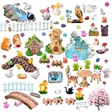 U-Zimikee 100 Pcs Mini Fairy Garden Accessories - Miniature Landscape Decorations with Bridge Pond House Gnome Figurines Mini Resin Animals Miniature Garden Figures Bulk for Dollhouse Garden Craft