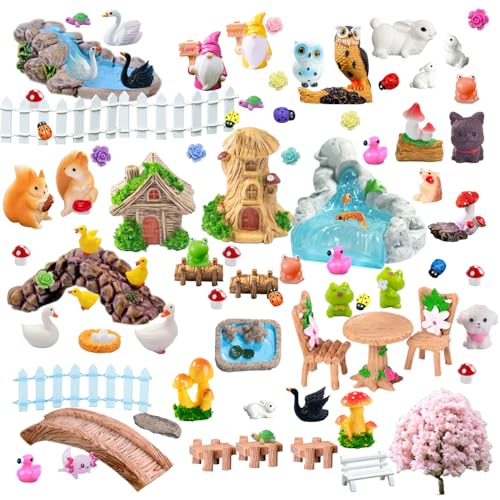 U-Zimikee 100 Pcs Mini Fairy Garden Accessories - Miniature Landscape Decorations with Bridge Pond House Gnome Figurines Mini Resin Animals Miniature Garden Figures Bulk for Dollhouse Garden Craft