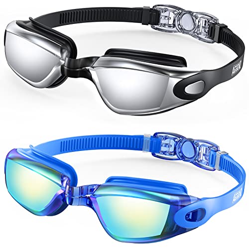 Aegend Swim Goggles, 2 Pack Swimming Goggles No Leaking Adult Men Women Youth, UV Protection|Adjustable|Anti Fog, Bright Blue