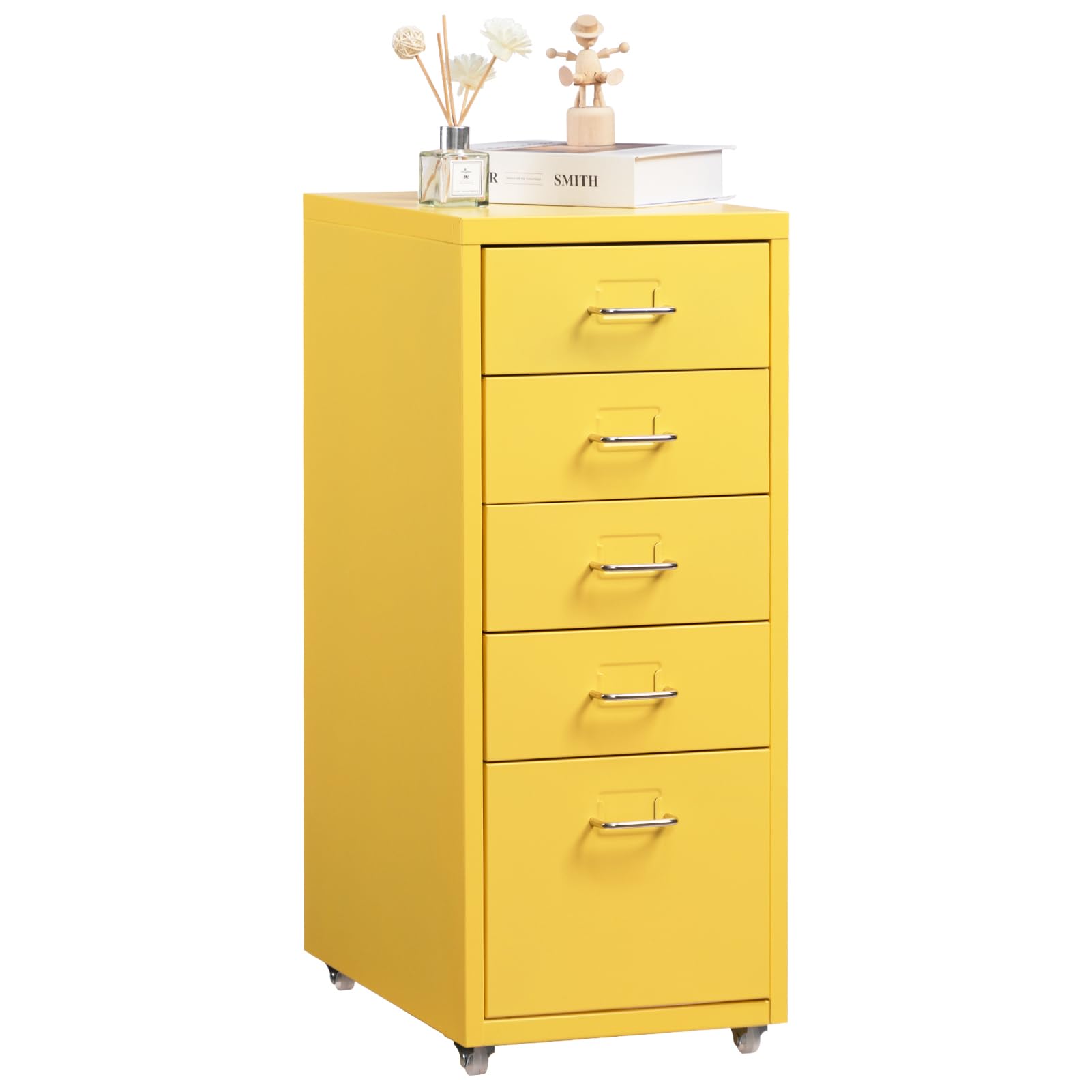 HollyHOME Archivador móvil de 5 cajones, organizador de archivos con ruedas, gabinete de almacenamiento de metal con ruedas para el hogar, la oficina y la escuela,amarillo claro