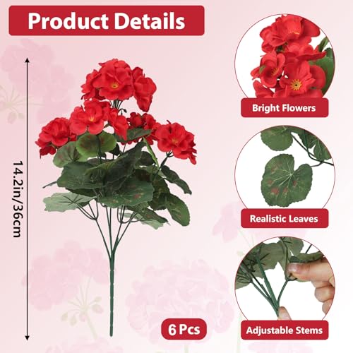 Image of Bassion Artificial Flowers for Outdoors, 6 Pcs Red Fake Geraniums