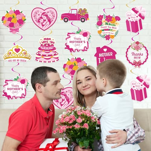 Image of 40Pcs Mother's Day Decorations Hanging Swirls, Double Sided Mother's Day Hanging Decorations Best Mom Ever Ceiling Hanging Foil Swirls for Mothers Day Party Decor