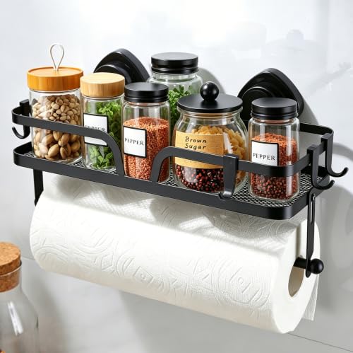 Image of Taozun Paper Towel Holder Wall Mount Suction Cup Easy Install | 2-in-1 Shelf + Paper Towel Holder, Suction Cup No-Drill, Kitchen & Bathroom, Rustproof, Removable & Reusable