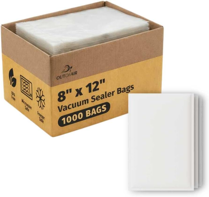 OutOfAir 8" x 12" Vacuum Sealer Bags 1000 Bag (Bulk Case) - Heavy Duty 7-Layer 4 Mil Plastic, Commercial Grade, BPA Free, Food Safe, Fits All Vacuum Sealer Machines, Sous Vide Compatible