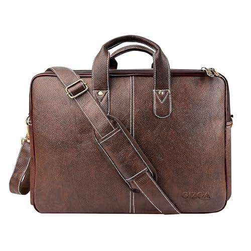 Image of Gizga Essentials Laptop Bag fits Upto 16 Inch Laptops /MacBook| Synthetic Leather Office Messenger Bag with Padded Compartments, Multiple Pockets, Premium Zipper, Adjustable Strap, Dual Handles (Tan)