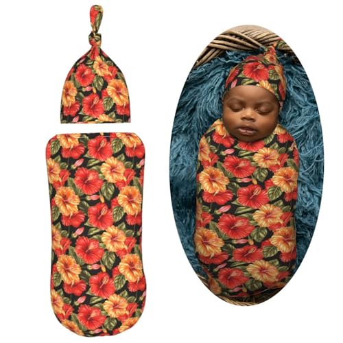 Image of Hibiscus Flowers Newborn Swaddle Blankets Hat Sets Soft Baby Receiving Blanket Swaddle Sack for Baby Shower Infant Boy Girl Gift