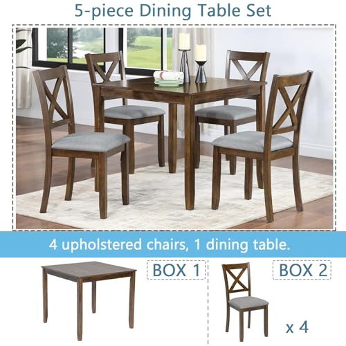 Image of Harper & Bright Designs Modern 5-Piece Dining Table Set for 4, 34.5 inch Square Wooden Table & 4 Chairs, Walnut Kitchen /Dining Room Set for Small Space
