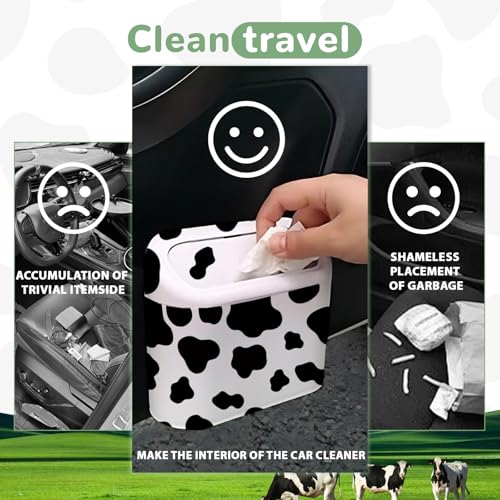 Image of CusDusk 2 PCS Cow Print Car Trash Can With Lid, Cattle Hanging Waterproof Garbage Organizer Holder with Two Black Trash Bag Rolls, Automotive Storage Container Dustbin for Most Vehicles