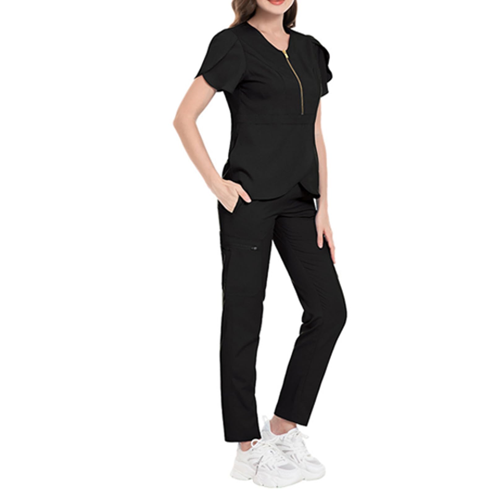 Generisch Abbigliamento professionale da donna, con scollo a V, comoda, casual, alla moda, con pantaloni, uniforme, in cotone, per medici, infermieri, taglie forti