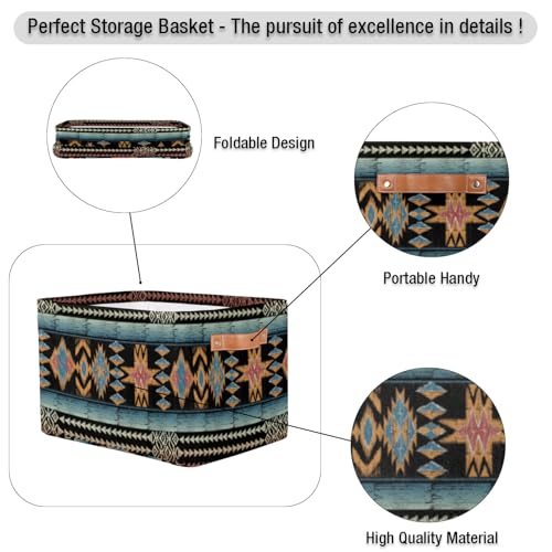 Image of Boho Style Brown Ethnic Painted Square Storage Basket, Fabric Storage Bin with Leather Handles Aztec Pattern Collapsible Storage Bin Nursery Hamper for Organizing Toys, Clothes, Books, Gift Baskets