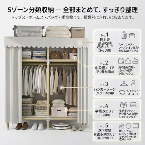 KASYANKA ワードローブ カバー付き 布製クローゼット カバー付きハンガーラック スチール製・高さ180cm 奥行き60cm 大容量 洋服ダンス 防塵 ファミリー向け 衣替え 衣装収納 簡単組み立て 幅240cm [2]