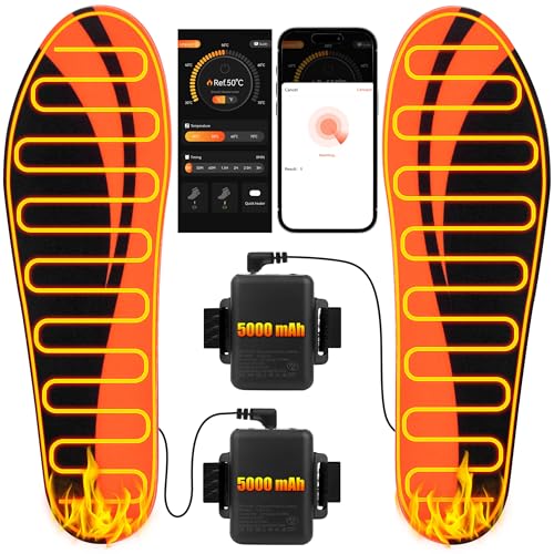 Heated Insoles Rechargeable 5000 mAh Battery with APP Control Foot Warmers with 4 Heating Levels for Men and Women Skiing Outdoor Winter Use Washable and Trimmable (L* 8.5-12.5)