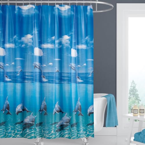 EDLER Textil Duschvorhang 120 x 200 cm Delfin Delphin im Meer Blau Weiss inkl. Ringe