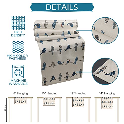 Cotton Linen Table Runner Vintage Blue Grey Bird On Branch Table Runners For Dinning Table Farmhouse Dresser Scarves Holiday Kitchen Decoration-13X70 Inch #TOP1