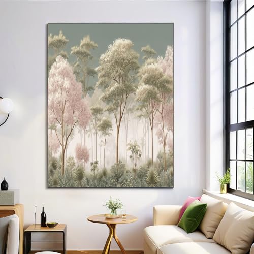 Tableau Décoration Murale Vert pâle Affiche Arbres roses Toile Déco Salon