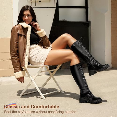 Image of Vepose Women's 953 Knee High Combat Boots Chunky Platform Heel, Lace Up Gothic Punk Work Boots for Dresses and Jeans