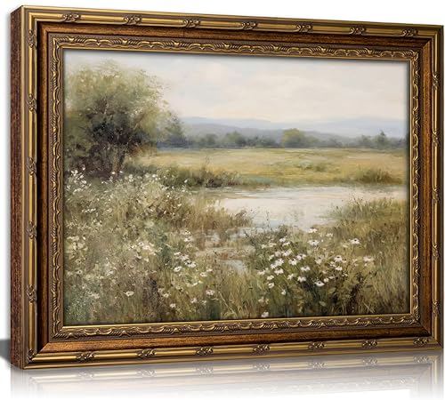 Vintage Gold Framed Landscape Wall Art, Spring Wildflower Field Oil Painting Canvas Prints, Rustic River Pond Wall Decor, Nature Wilderness Scenery Print Artwork, for Bedroom Bathroom 9x11in