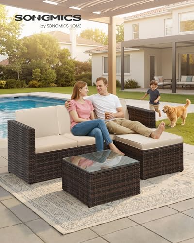 SONGMICS Garden Furniture Set, PE Outdoor Corner Sofa Couch, Handwoven Rattan Patio Conversation Set, with Cushions and Glass Table, Brown and Taupe GGF005K05 2 SONGMICS Garden Furniture Set, PE Outdoor Corner Sofa Couch, Handwoven Rattan Patio Conversation Set, with Cushions and Glass Table, Brown and Taupe GGF005K05 - Image 2