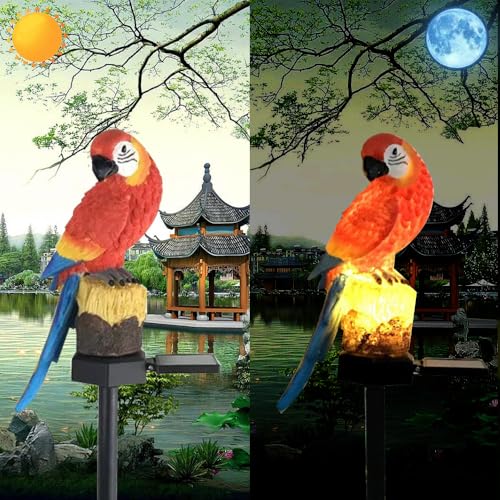 YZYOE Lumière de perroquet rouge d'énergie solaire, résine de décoration jardin mignonne lampe sol animale, crépuscule sans fil à l'aube LED Sconce...