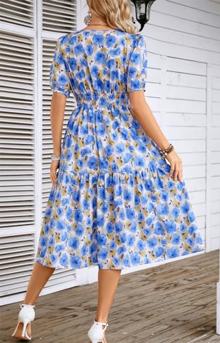 Image of Kormei Women Summer Casual Boho Floral Round Neck Short Sleeve Smocked Waist Tiered Flowy Swing Midi Dress
