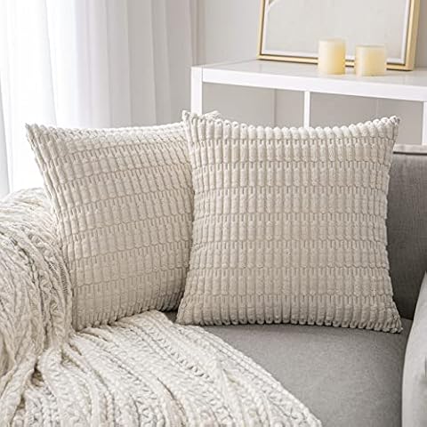 ANRODUO Pack of 2 Cream White Pillow Covers Decorative Throw Pillows 18x18 Inch for Couch Bed Living Room Soft Corduroy Striped Square Cushion Case Boho Throw Pillows Neutral Room Spring Room Decor Cover
