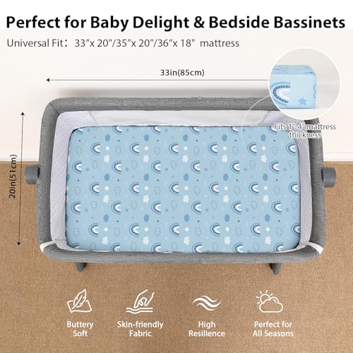 Image of Baby Bedside Bassinet Sheets Fitted, 33 inchx20 inch Compatible with Baby Delight Dream On Me & Most Rectangle Bedside Sleeper Bassinet Mattresses, Super Soft Microfiber Blue Cloud Animal