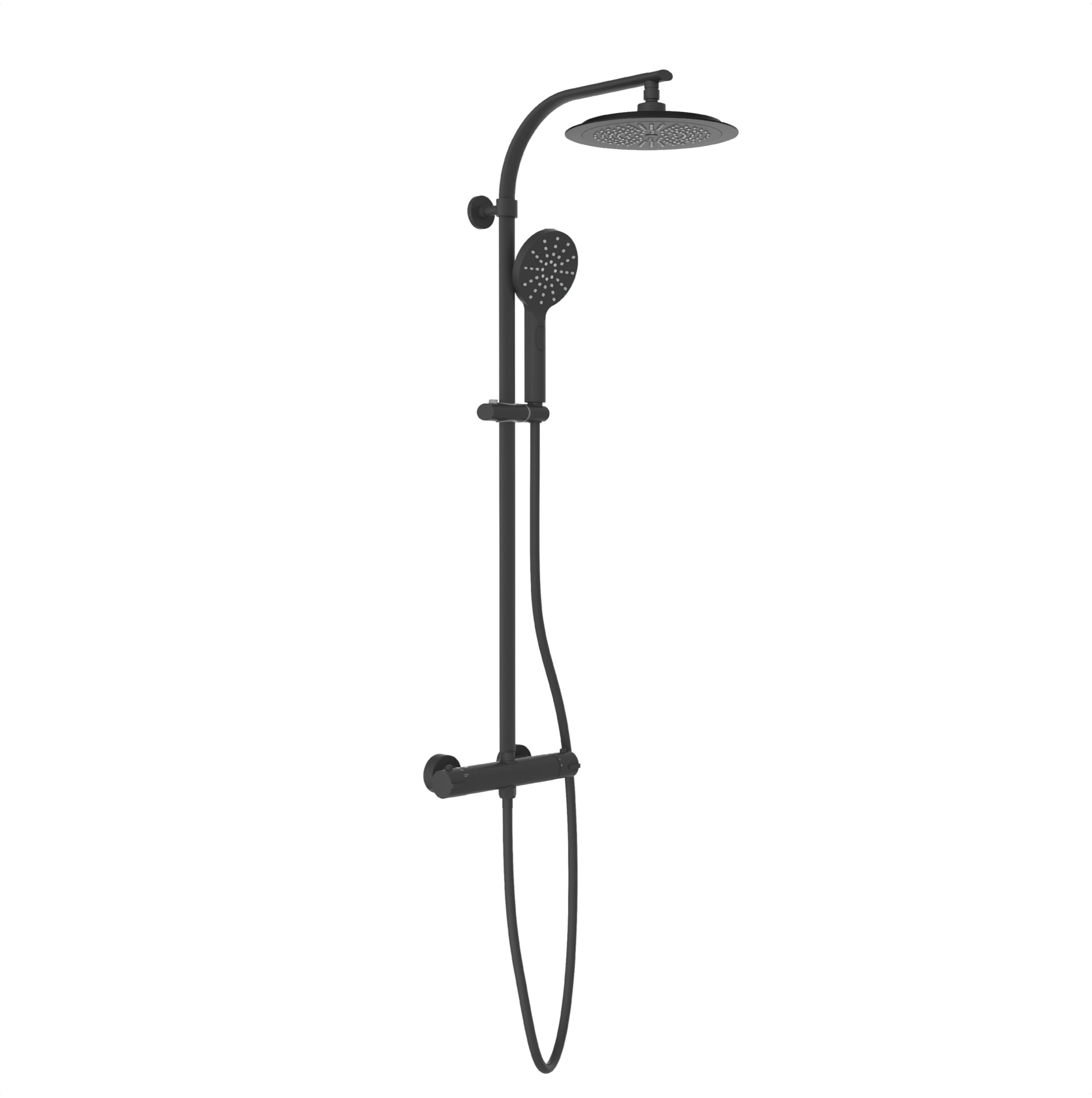 Schütte 60076 Colonna Grande Doccia a Pioggia (Ø 24 cm) e doccetta, Rubinetto termostatico con Blocco di Sicurezza a 38 °C, Set di Montaggio Completo, Nero Opaco