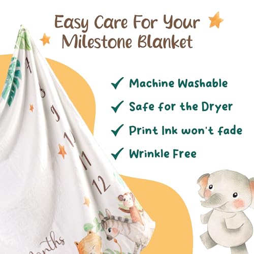 Image of KooKooBaby Baby Monthly Milestone Blanket - 47x47 Premium Fleece Milestone Blanket for Baby Girl and Boy - Safari Animals Monthly Baby Milestone Photo Background with Felt Circle Marker