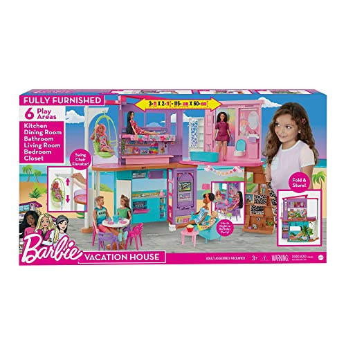 Barbie Coffret La Maison de Vacances (107 cm) à 2 Niveaux, avec 6 pièces, 1 Fauteuil Suspendu Servant d’Ascenseur et Plus de 30 Accessoires, Jouet Enfant, Dès 3 Ans, HCD50 – Image 7
