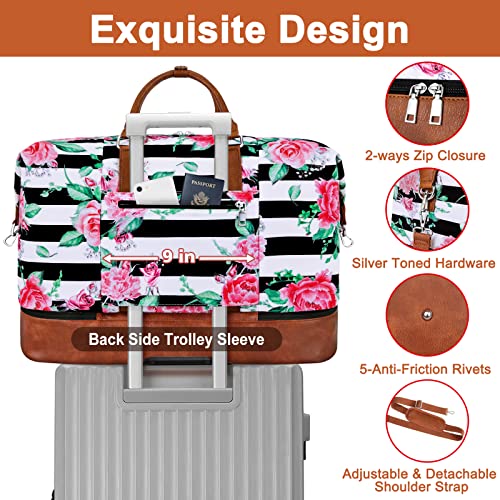 Image of Travel Weekender Bag for Women, Overnight Bag with Shoe Compartment Oversized Travel Duffel Bag Carry On Tote 21 inch, M-Flower Black & White Strips, Large, Weekender Bag