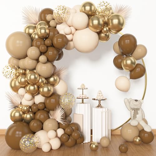 Amandir 153pcs Brown Balloon Garland Arch Kit Different Sizes 18 12 10 5 inch Brown Retro Apricot Latex Metallic Confetti Gold Balloons Neutral Bear Shower Safari Birthday Party Decorations Supplies