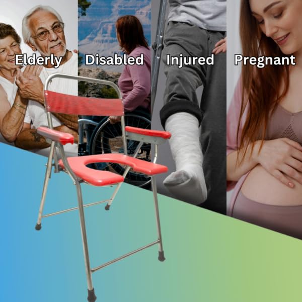 Image of Stainless Steel Toilet Chair, Foldable, Stainless Steel Commode, Bathroom Chair, for Elderly, Disabled and Pregnant Women, Lightweight, Portable, Anti-Skid, Support Upto 100Kg (Red, Normal)