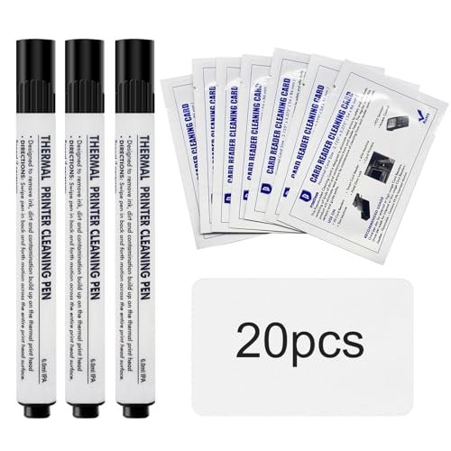 Card Printer Cleaning Kit, Credit Card Reader Cleaner for Card Printers Readers, Pack of 3 Printer Cleaning Pens and 20 CR80 Cleaning Cards