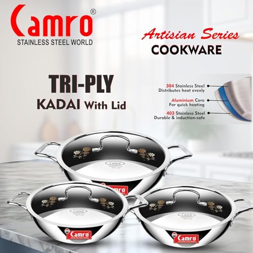 Image of Camro Triply Stainless Steel Kadhai 34 cm | 8 Liter Capacity | Induction Bottom Deep Cooking Kadai | Heavy Duty Cookware | Gas & Induction Compatible | Dishwasher Safe | Mirror Finish
