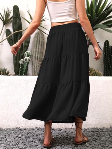 Womens Summer Boho Maxi Skirt Tie Knot Elastic High Waisted Trendy Flowy Beach Long Skirts with Pockets3