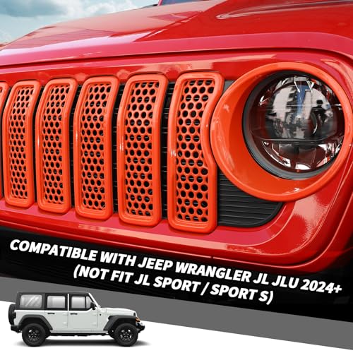 Image of 9PCS Headlight Cover & Front Grill Mesh Inserts Compatible with Jeep Wrangler JL JLU 2024-2025, NOT FIT JL Sport /Sport S (Orange)