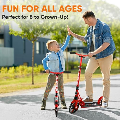 Image of Hurtle Teenager Kick Scooter - 2 Wheel with Adjustable T-Bar Handlebar - Folding Adult with Alloy Anti-Slip Deck - 8 inch Smooth Gliding Wheels