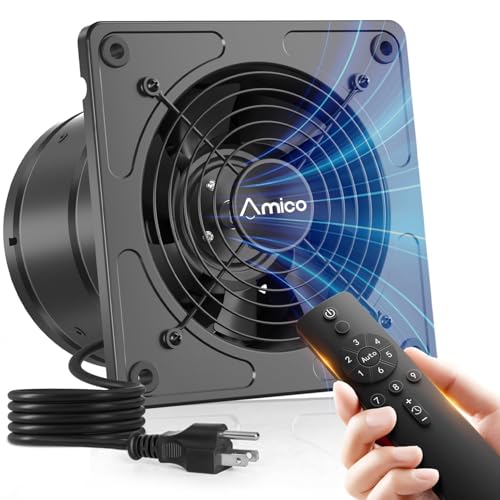 Amico 6 Inch Kitchen Exhaust Fan with Remote, 358 CFM High Airflow Extractor Fan, Energy Efficient 10W EC Motor Ventilation Fan for Garage, Attic & Greenhouse, 9-Speed, Timer, Low Noise 50dB,FCC,Black