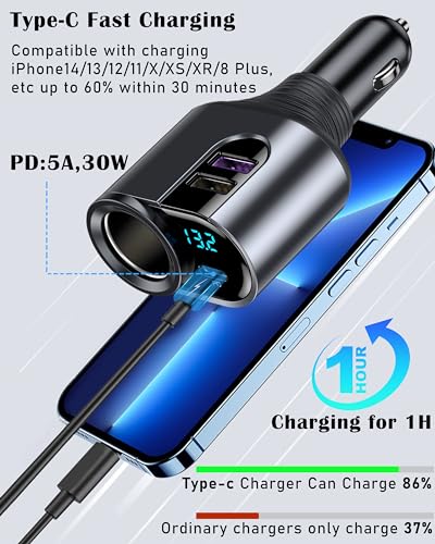 LIHAN Cigarette Lighter USB C Charger, Car Socket Plug Adapter,12V/24V Outlet Splitter with 3 USB Ports, LED Voltage, Compatible for iPhone 15/15 Plus/15 Pro/15 Pro Max, Galaxy S23/22, Pixel, GPS