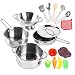 KIDAMI 16 Pieces Kitchen Pretend Toys, Stainless Steel Pots & Pans Playset with Play Foods, Matching Kids' Play Kitchen (5.1 Inches in Diameter)